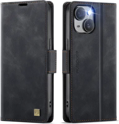 Produktbild von Lederhülle für iPhone 15, RFID Schutz Handyhülle mit Magnetverschluss, Kartenfächern und Ständer Schwarz