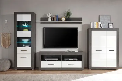 Produktbild von Etero Wohnwand 315cm dark concret / weiß Hochglanz Highboard Modern