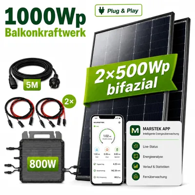 Produktbild von GreenSun Solar 1000W Balkonkraftwerk BIFAZIAL FULLBLACK komplett Steckdose MARSTEK 800W Wechselrichter, PV Solaranlage, 5m Kabel, Bluetooth WIFI