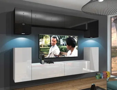 Produktbild von Furnitech Wohnwand Wohnzimmer - Wohnzimmer Möbel mit LED Weiß - Hängend Wohnwand Modern - Wohnzimmer Schrankwand mit Regale und TV Schrank (Rodos AN43-17BW-HG28 1A)