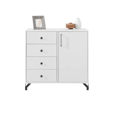 Produktbild von Kommode BERGO Weiß Sideboard mit 1 Tür und 4 Schubladen, ideal für Jugendzimmer,