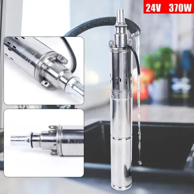Immagine prodotto di Pompa per pozzi profondi - Pompa sommersa per pozzi trivellati - 24 V 16 A - Prevalenza fino a 65 m - Uscita 2,54 cm - Ø 7,6 cm - 2860 giri/min - Spina UE - Argento