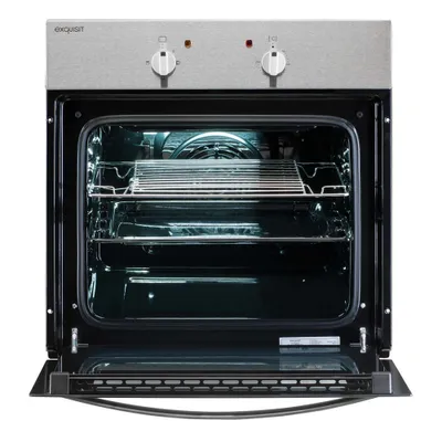 An open oven with racks inside.