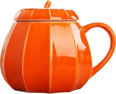Immagine prodotto di tazza da caffè con zucca 3D Regalo divertente, tazza da caffè smaltata con coperchio, tazza da tè al latte personalizzata per la festa della mamma/papà, il Ringraziamento, il Natale, l'arancione