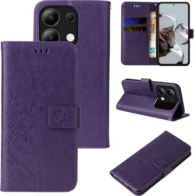 Produktbild von Handyhülle für Xiaomi Redmi Note 13 Floral Blumen Schmetterling Flip Cover Hülle Case Klapphülle Handytasche Farbe: Violett