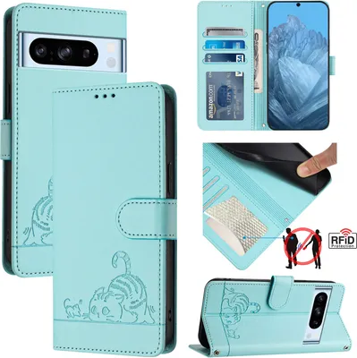 Produktbild von Leder Hülle für Google Pixel 8 Pro Süße Katze Flip Case Brieftasche Schutzhülle mit Standfunktion hellgrün