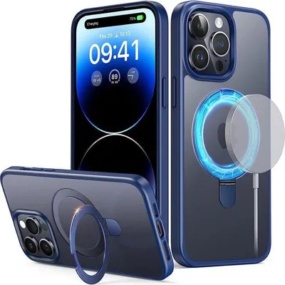 Immagine prodotto di Custodia magnetica Unyqoos® per iPhone 14 Pro Max: custodia trasparente e sottile in TPU/policarbonato, con protezione antiurto di livello militare (5 volte), supporto metallico regolabile e compatibile con MagSafe