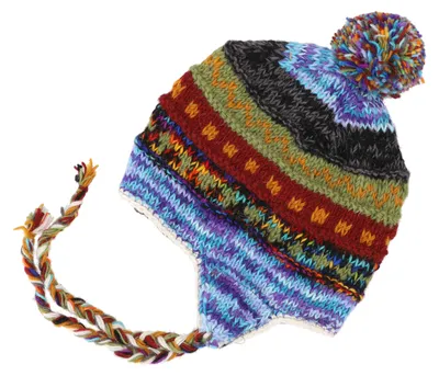 Produktbild von Wollmütze mit Ohrenklappen, Norwegermütze, Batik Wintermütze, Bommelmütze - Blau/bunt, Uni, Mehrfarbig, Wolle, Mützen, Hüte