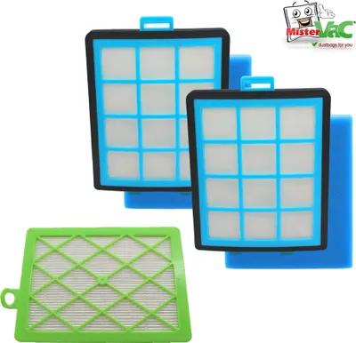 Several vacuum cleaner filters are arranged on a white background, with a logo in the top right corner.