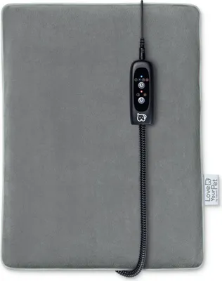 A gray pet heating pad with a black controller.