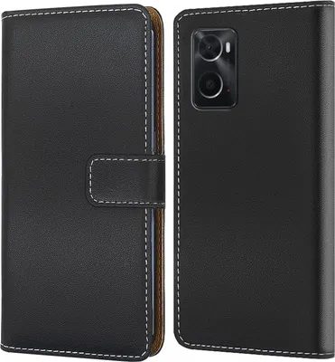 A black flip-style phone case is shown from the front and back.