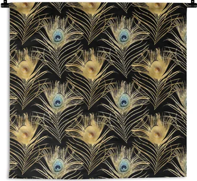 Produktbild von MuchoWow® Wandteppich Wandbehang Muster - Pfauenfedern - Gold 150x150 cm Tapisserie Dekoration Wandtuch - Wohnaccessoires - Modernes