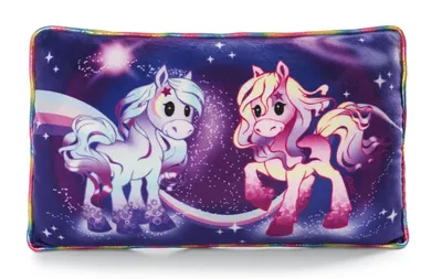 A rectangular pillow with a space-themed design featuring two cartoon ponies.