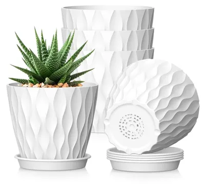 Obrázek produktu pro Sada 5 květináčů, průměr 15 cm, bílá barva, plast, s podtácemi a drenážními otvory