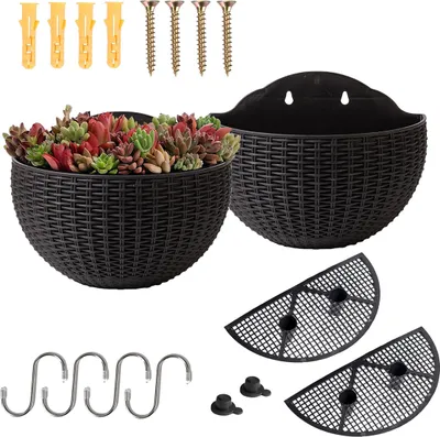 A set of wall-mounted planters and accessories, including screws and hooks, on a white background.