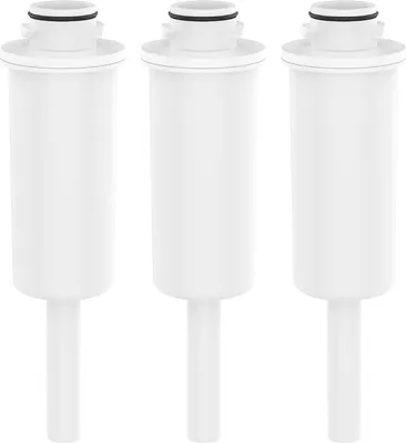 Three white water filter cartridges are arranged in a row against a white background.