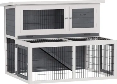 Produktbild von Hasenstall 2 Ebenen mit klappbar Dach Kaninchenstall aus Vollholz Winterfest Doppelstockhaus 122x95x93,5 cm Grau