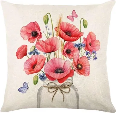 Produktbild von Leinenkissenbezug Mohnblumen 45x45 cm, beige