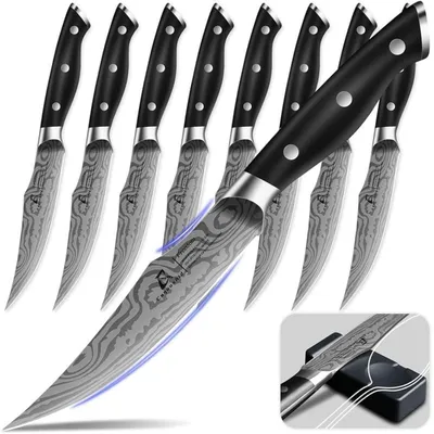 Image de Ensemble de couteaux à steak, 8 pièces, lame de 12,2 cm, acier inoxydable à haute teneur en carbone, manche ergonomique noir, avec support à couteaux