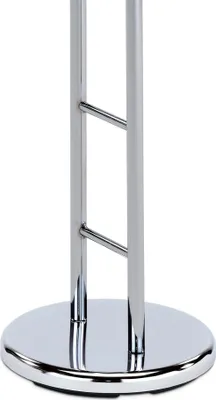 A close-up shot of the base and lower part of a chrome floor stand.