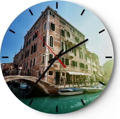 Produktbild von Wanduhr - Rund - Glasuhr - Kanal Wasser Venedig Haus - 30x30cm - Schleichendes Uhrwerk - Lautlos - zum Aufhängen bereit - Dekoration Modern - Wanddekoration aus Glas - C3AR30x30-2725