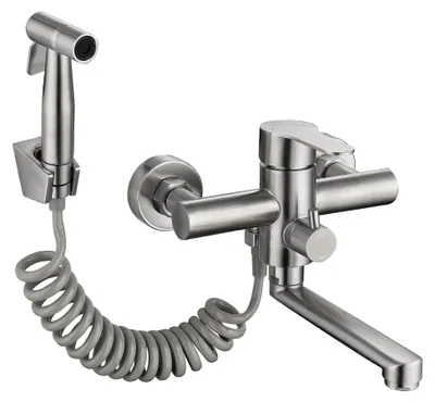 Produktbild von Wandarmatur für die Küche mit Spritzpistole und 2 Wasserstrahlarten, 360° drehbarer Auslauf, kurzer Auslauf 18 cm, Edelstahl