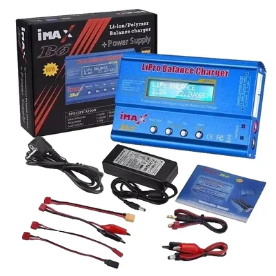 Zdjęcie produktu dla Ładowarka RC, szybkie ładowanie 80 W, technologia cyfrowego balansu, z niebieskim adapterem, wtyczka UE