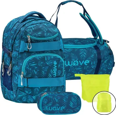 Produktbild von Wave Schulrucksack Set Mädchen Jungen 4tlg JUNGLE VIBE mit Sporttasche Schlamper Regenschutz ab 5. Klasse