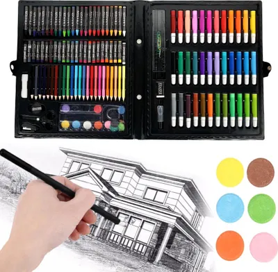 Immagine prodotto di set d'arte per bambini da 150 pezzi, set per il disegno creativo, pastelli, matite colorate, pennarelli, cera e acquerelli - ARTDECK