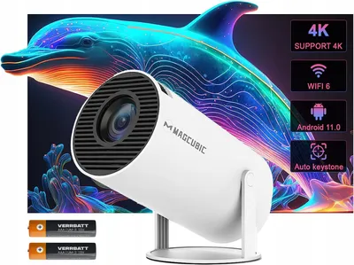 A white projector is shown in front of a colorful, abstract background featuring a dolphin. Feature callouts are present on the right side of the image, and two batteries are shown at the bottom left.
