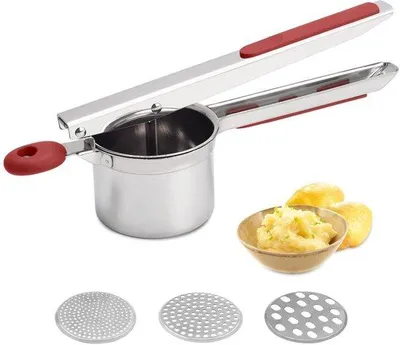 Productafbeelding van Ibenzoa® aardappelpers van roestvrij staal, 425 ml, met 4 verwisselbare schijven en antislip siliconenhandgrepen – voor een romige, klontvrije aardappelpuree