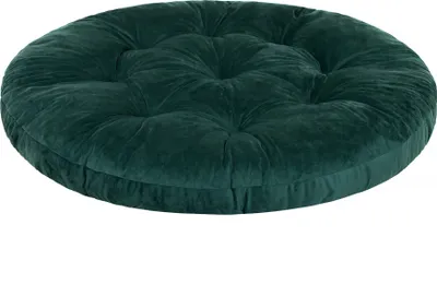A round, tufted cushion in a dark green color, shown from a slightly elevated angle against a white background.
