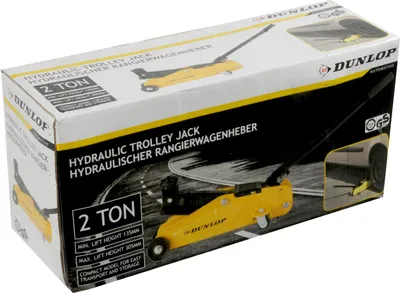 Obrázok produktu pre Manévrovací zdvihák od spoločnosti Dunlop, hydraulický, pákový, rukoväť, 4 kolieska, max. nosnosť 2 tony, žlto-čierny
