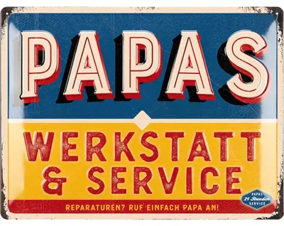 Produktbild von Blechschild PAPAS WERKSTATT, Schild Papas Service, Geburtstagsgeschenk oder Vatertagsgeschenk Schild für Vater, lustige retro Deko 30x40cm