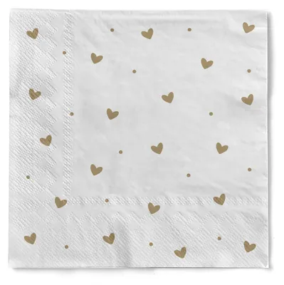 Produktbild von Sovie HOME Serviette "Herzen" in Gold-Weiß aus Tissue 33 x 33 cm, 3-lagig, 1/4 Falz, 20 Stück