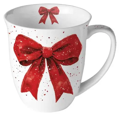 Imagen del producto de Taza navideña, 0,4 litros, con lazo rojo para regalo. Lazo decorativo rojo y blanco