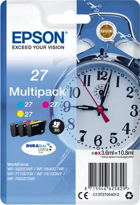 Obrázok produktu pre Epson Alarm clock Multipack 3-colour 27 DURABrite Ultra Ink, Azúrová, Purpurová, Žltá, Atrament na pigmentovej báze, 3,6 ml, 1 kusov, 300 strany, Viacnásobné balenie