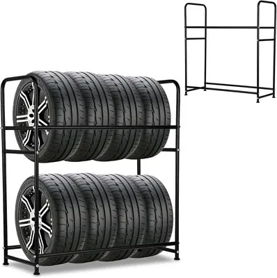 Produktbild von 1x Reifenregal für 8 Reifen, 107 x 46 x 117cm Reifenständer Ladekapazität 180kg 2 Schichtenn Höhenverstellung, Lagerregale mit Reifenschutzhülle für Garage Keller Werkstatt