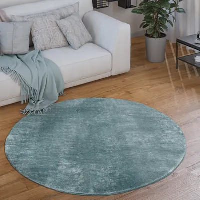 Image de Tapis lavable Salon Poils courts Couleur unie Style moderne Doux Bleu turquoise Taille 120 cm Rond