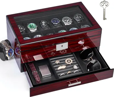 Produktbild von Uhrenbox mit 12 Fächern, Herren-Uhrenbox aus Holz, Aufbewahrungsbox mit 2 Ebenen und großem Glasdeckel, abschließbarer Uhrenhalter, Organizer, ideal als Geschenk, stilvoller Uhrenhalter JWB001Y
