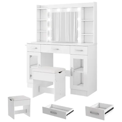 Zdjęcie produktu dla Toaletka ZELURXX, biała, 110×40×145 cm, z lustrem LED, 10 diodami, 3 barwami światła, 2 przezroczystymi szafkami i 3 szufladami, toaletka w stylu hollywoodzkim