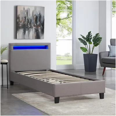 Produktbild von Polsterbett HIMALAYA mit LED Beleuchtung Einzelbett Jugendbett 90x200 cm mit Lattenrahmen, in grau Stoffbezug