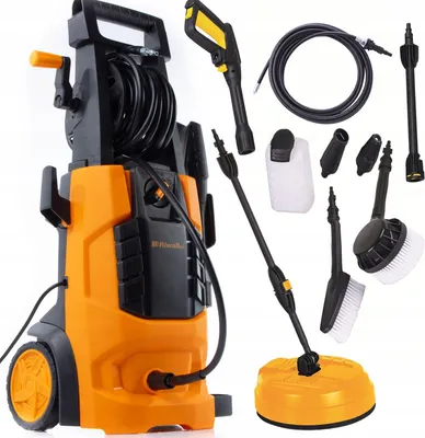 A high-pressure washer and its accessories are displayed against a white background.