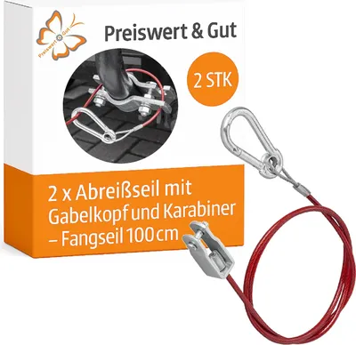 Produktbild von 2x Sicherungsseil für Anhänger Wohnwagen – Abreißseil mit Gabelkopf und Karabiner, Fangseil 100 cm Abreissseil in Rot