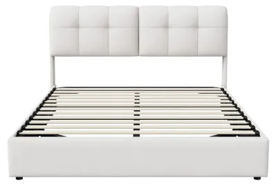 Produktbild von Doppelbett - Stauraumbett - 140x200 cm, Hydraulischer Bettkasten, LED-Kopfteil, Lattenrost, Samt - Beige
