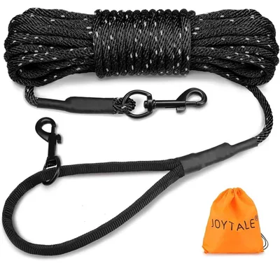 Produktbild von Schleppleine für Hunde 10m mit gepolstertem Griff und 2 Karabinerhaken, Nylon, reflektierende Nähte, Schwarz