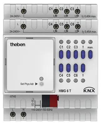 Obrázok produktu pre Theben HMG 6 T KNX, Akčný člen pre kúrenie, Pripevnenie na DIN lištu, 6 kanály/kanálov, IP20, Biela, 110 - 240 V