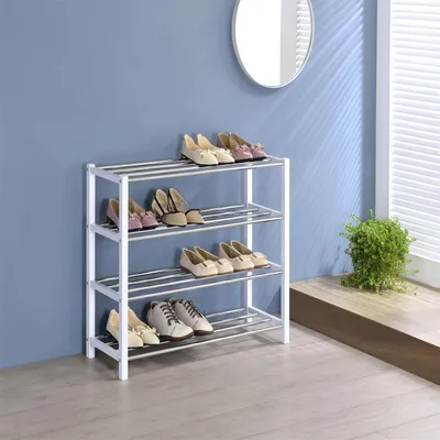 Produktbild von Schuhregal DUBLIN mit 4 Ablagen in weiß. Robustes Metallregal für Flur Schuhaufbewahrung. Schuh-Organizer Schuhablage dielen- & flurmöbel