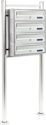 Wiltec 4er Briefkastenanlage Edelstahl 270 x 513 x 1500 mm, Standbriefkasten mit 4 Fächern, Schlüssel und Namensschild, Briefkasten Postkasten mit Ständer