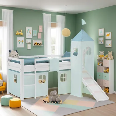 Produktbild von Homestyle4u Hochbett 90x200 Kinder Weiß Rutsche Set mit Matratze ® Standard 100 Vorhang Turm grün Kinder Weißbett Spielbett